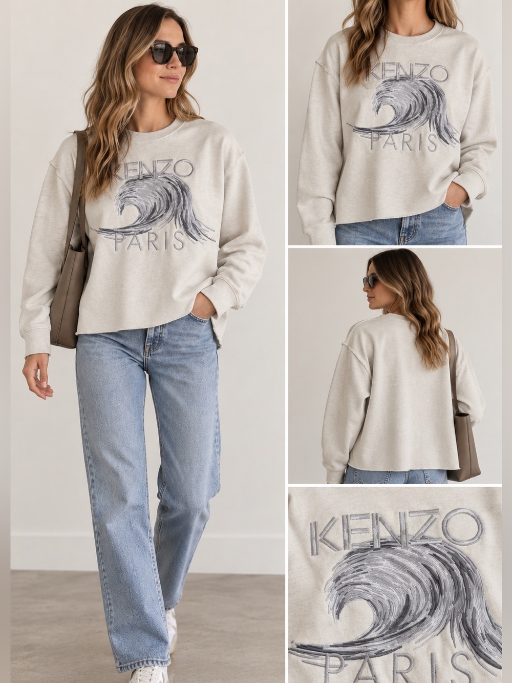 Kenzo Paris Cream Crewneck Sweatshirt Silver Embroidery Size Small Authentic